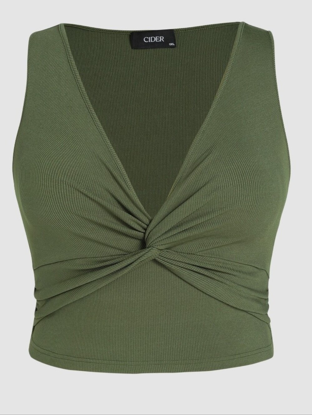 Cider Olive Knot-Front Ribbed Cropped Tank